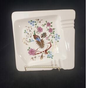 MCM Large Peacock Ashtray Pink Blue Flowers Tree Gold Gilt Accents Asian Art